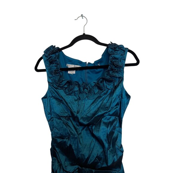 Maggy London Ruffle Neck Sleeveless Teal Sheath Dress Size 12 - Picture 3 of 4